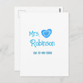 Bride zu Mrs. Name Datum blau Herz Wassercolo Postkarte (Vorne/Hinten)