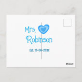 Bride zu Mrs. Name Datum blau Herz Wassercolo Postkarte (Rückseite)
