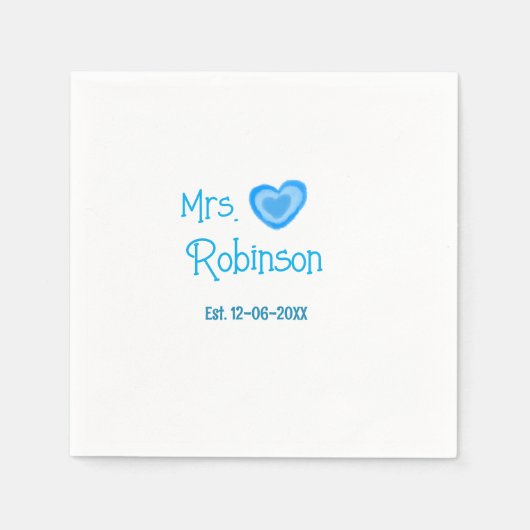 Bride zu Mrs. Name Datum blau Herz Wassercolo Serviette (Vorderseite)