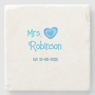 Bride zu Mrs. Name Datum blau Herz Wassercolo Steinuntersetzer