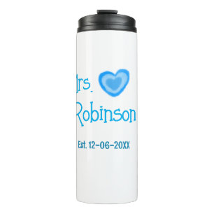 Bride zu Mrs. Name Datum blau Herz Wassercolo Thermosbecher