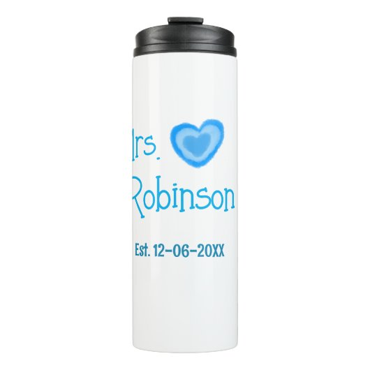 Bride zu Mrs. Name Datum blau Herz Wassercolo Thermosbecher (Vorderseite)