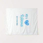 Bride zu Mrs. Name Datum blau Herz Wassercolo Wandteppich (Vorderseite (Horizontal))
