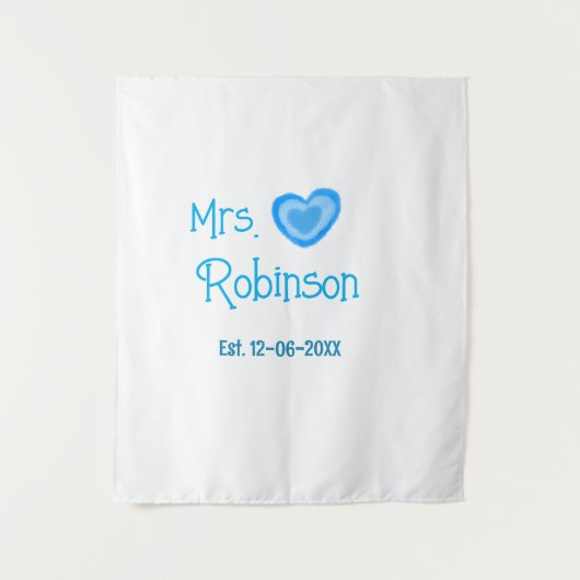 Bride zu Mrs. Name Datum blau Herz Wassercolo Wandteppich (Vorderseite)