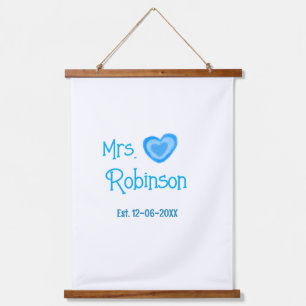 Bride zu Mrs. Name Datum blau Herz Wassercolo Wandteppich Mit Holzrahmen