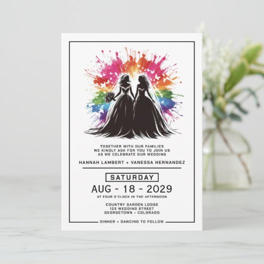 Brides Rainbow Burst Wedding Einladung (Stehend Vorderseite)