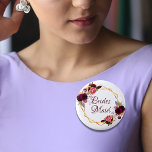 Bridesmaid Aquarellblumen Bordeaux Gold Button<br><div class="desc">Ein trendiger Bohemischer Knopf für ein Brautparty. Die Rose sind in Bordeaux und Rosa gehalten. Eleganter weißer Hintergrund. Ein Imitat goldener geometrischer Rahmen. Mit dem Text: BridesMaid geschrieben mit einem handgeschriebenen Stil Skript. Burgund farbige Buchstaben. Toll als Sake für die Brautjungfrau,  als Gefallen oder als Namensschild für die Dusche.</div>