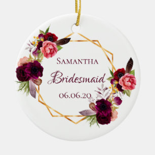 Bridesmaid Aquarellblumen bordeauxrot weiß Keramik Ornament
