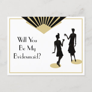 Bridesmaid Art Deco Black Gold Einladungspostkarte