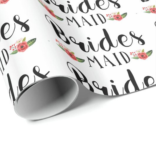 Bridesmaid Black Modern Text & Blume Muster Geschenkpapier (Rolleneckpunkt)