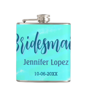 Bridesmaid blau grün Aquarellfarbe Name Datum ange Flachmann