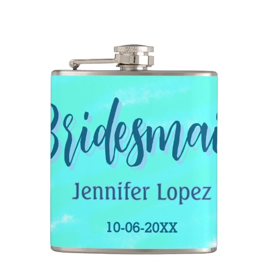Bridesmaid blau grün Aquarellfarbe Name Datum ange Flachmann (Vorderseite)