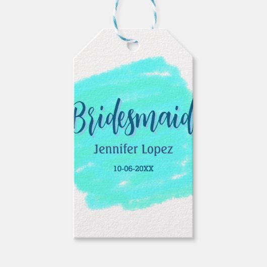 Bridesmaid blau grün Aquarellfarbe Name Datum ange Geschenkanhänger (Vorderseite)