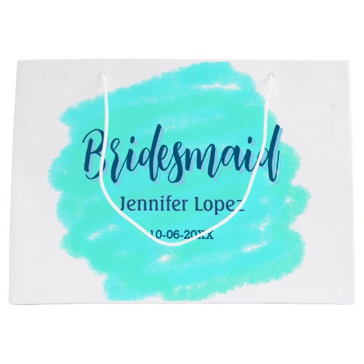 Bridesmaid blau grün Aquarellfarbe Name Datum ange Große Geschenktüte (Vorderseite)