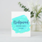 Bridesmaid blau grün Aquarellfarbe Name Datum ange Postkarte (Stehend Vorderseite)