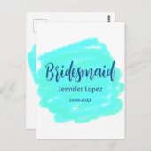 Bridesmaid blau grün Aquarellfarbe Name Datum ange Postkarte (Vorne/Hinten)