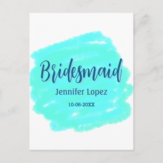 Bridesmaid blau grün Aquarellfarbe Name Datum ange Postkarte (Vorderseite)
