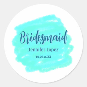 Bridesmaid blau grün Aquarellfarbe Name Datum ange Runder Aufkleber