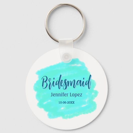 Bridesmaid blau grün Aquarellfarbe Name Datum ange Schlüsselanhänger (Vorderseite)