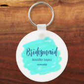 Bridesmaid blau grün Aquarellfarbe Name Datum ange Schlüsselanhänger (Rückseite)