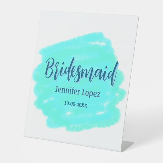 Bridesmaid blau grün Aquarellfarbe Name Datum ange Sockelschild (Vorderseite)