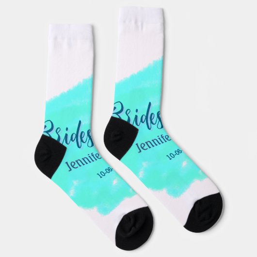 Bridesmaid blau grün Aquarellfarbe Name Datum ange Socken (Rechts)