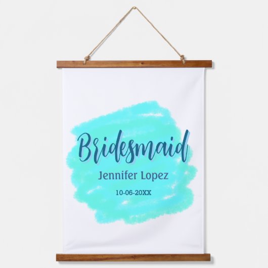 Bridesmaid blau grün Aquarellfarbe Name Datum ange Wandteppich Mit Holzrahmen (Vorderseite)