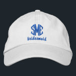 Bridesmaid Custom Wedding Mit Monogramm Baseball C Bestickte Baseballkappe<br><div class="desc">Überraschen Sie Ihre Brautjungfrauen mit dieser coolen Sohle im Baseballstil, die mit ihrem 3-Buchstaben-Monogramm und dem Wort Bridesmaid unten aufwartet. Die oben abgebildete Khaki-Kappe mit königsblauen Texten ist leicht zu verändern, aber die Kappe und die Textfarben können an Ihr Hochzeitsthema/Ihre Hochzeitsfarbe angepasst werden. Dies macht einen phantastischen Junggeselinnen-Abschied oder Gastgeschenk...</div>