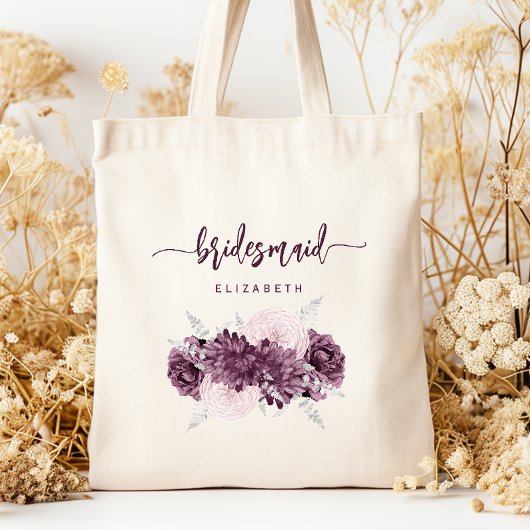 Bridesmaid Floral Mauve Purple Blush Script Tragetasche