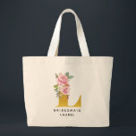 Bridesmaid Floral Pink Gold Monogram Letter L Jumbo Stoffbeutel<br><div class="desc">Trendy blumenmonogramm erste Bräunungstüte Tote Tasche. Mit dem Set L (dt. : goldblütige Monogramm) können Sie den Namen und die Gelegenheit durch den Button "Personalisieren" ändern. Perfektes Geschenk zum Geburtstag,  Jubiläum oder Brautparty</div>