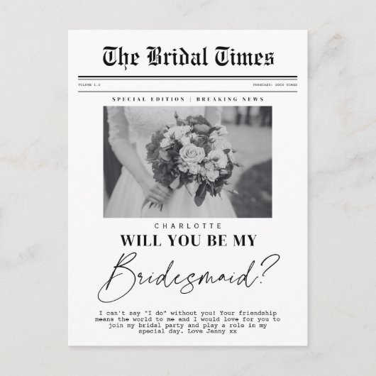 Bridesmaid fragend, anpassbare Zeitung Postkarte (Vorderseite)
