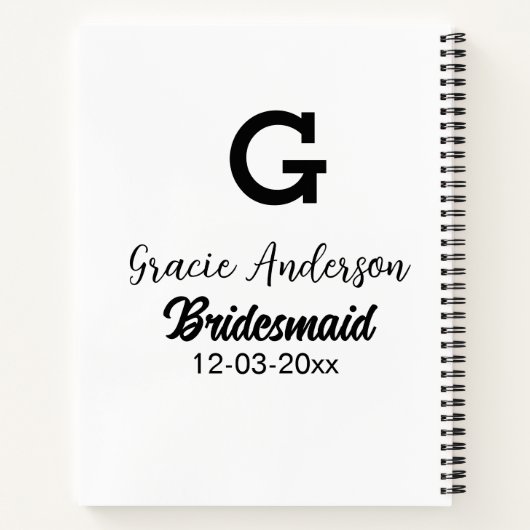 Bridesmaid fügen Name monogramm einfach minimalmod Notizblock (Rückseite)