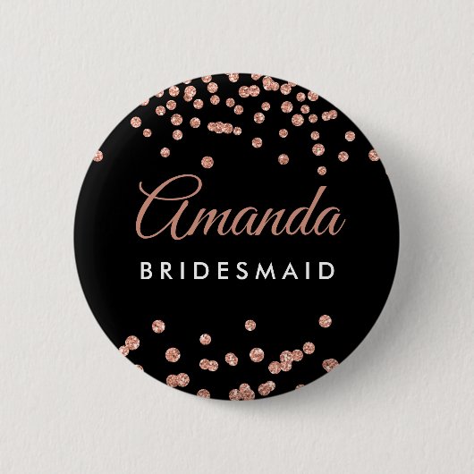 Bridesmaid Fvor Rose Gold Glitzer Confetti Black Button (Vorderseite)