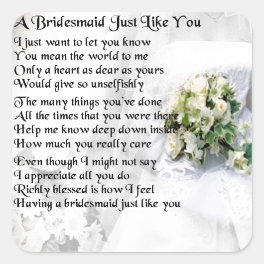 Bridesmaid Gedicht Wedding Bouquet Quadratischer Aufkleber (Vorderseite)