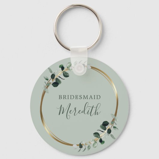Bridesmaid-Geschenk Eucalyptus Gold Monogram Sage Schlüsselanhänger (Vorderseite)