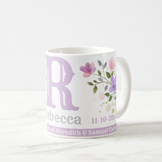 Bridesmaid Geschenk mit Name & Initial. Blumendesi Kaffeetasse (VorderseiteRechts)