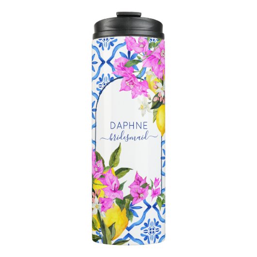 Bridesmaid gibt blauen Fliesen Bougainvilleas Gewo Thermosbecher (Vorderseite)