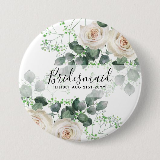 Bridesmaid gibt White Roses Thema Personalisiert Button (Vorderseite)
