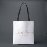 Bridesmaid Gift Gold Name Tasche<br><div class="desc">Diese Bridesmaid-Make-up und Accessoires-Tasche enthält eine handgeschriebene Goldskripttypografie mit Swashes auf einem Mitternacht oder weißem Hintergrund. Präsentieren Sie Ihre Brautjungfrauen mit einer Toilettentasche für ihr Schminken und kleinen Gegenständen,  die traditionell am Probe-Dinner präsentiert werden,  für den Einsatz am frühen Morgen vor der Hochzeit.</div>