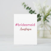 Bridesmaid Hashtag hellrosa fügen Name Brautstamm Postkarte (Stehend Vorderseite)