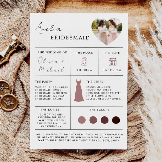 Bridesmaid Info Card, Bridesmaid Information Card, Einladung