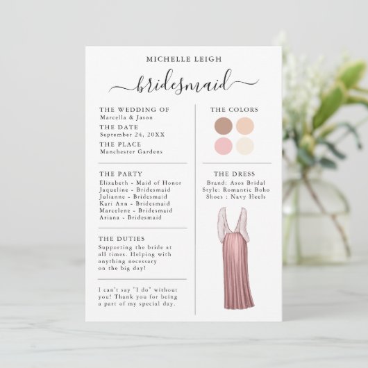 Bridesmaid Info Card Details Rose Gold, Rosa Einladung (Stehend Vorderseite)