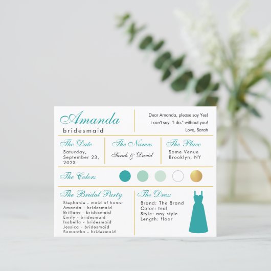 Bridesmaid Information Card Aquamarine Imitate Gol (Stehend Vorderseite)