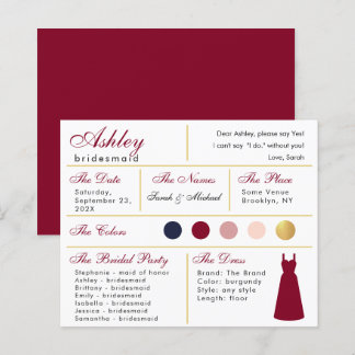 Bridesmaid Information Card Burgundy Gold Colors