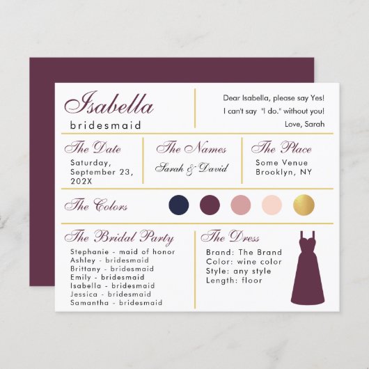 Bridesmaid Information Card Imitate Wein Farbe Gol (Vorne/Hinten)