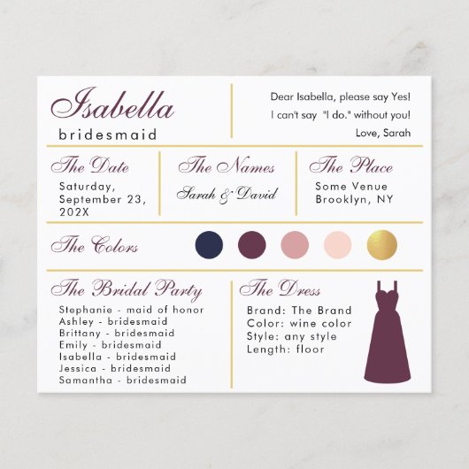 Bridesmaid Information Card Imitate Wein Farbe Gol (Vorderseite)