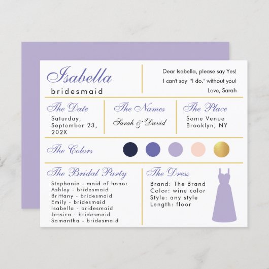 Bridesmaid Information Card Lavendel Lila Gold (Vorne/Hinten)