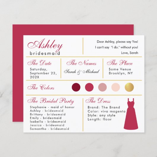 Bridesmaid Information Card Modern Magenta Gold (Vorne/Hinten)