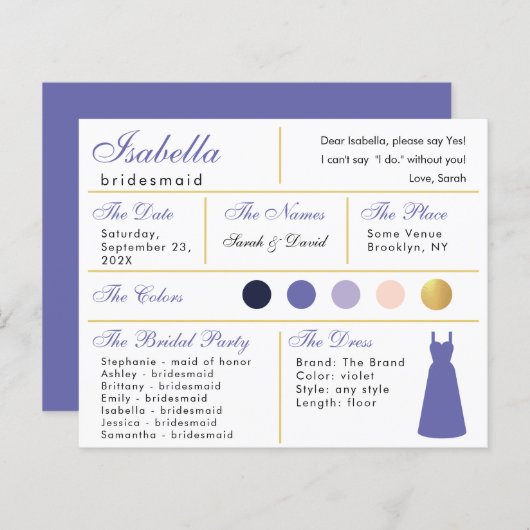 Bridesmaid Information Card Violet Lila Gold (Vorne/Hinten)