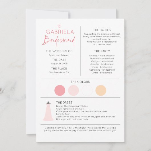 Bridesmaid-Informationen und Vorlage für die Vorsc (Vorderseite)